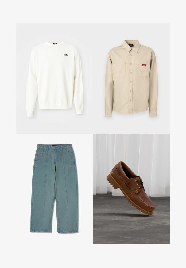 Weißer, langer Strickpullover mit Rundhalsausschnitt und kleinem schwarzen Dickies-Logo auf der linken oberen Brust.; Beige-weiß gestreiftes Hemd mit langen Ärmeln zum Knöpfen, mit Kragen, zwei Brusttaschen und einem roten Dickies-Logo-Patch auf der rechten Tasche.; Helle blaue, unversehrte Jeanshose mit geradem Bein, ausgestattet mit Fronttaschen und einem dezenten, gestickten Logo in der Nähe der Taille.; Brauner Leder-Bootsschuh mit schwarzen Schnürsenkeln, beigen Nähten und einer robusten Sohle, schwebt über einem grauen Betonboden.