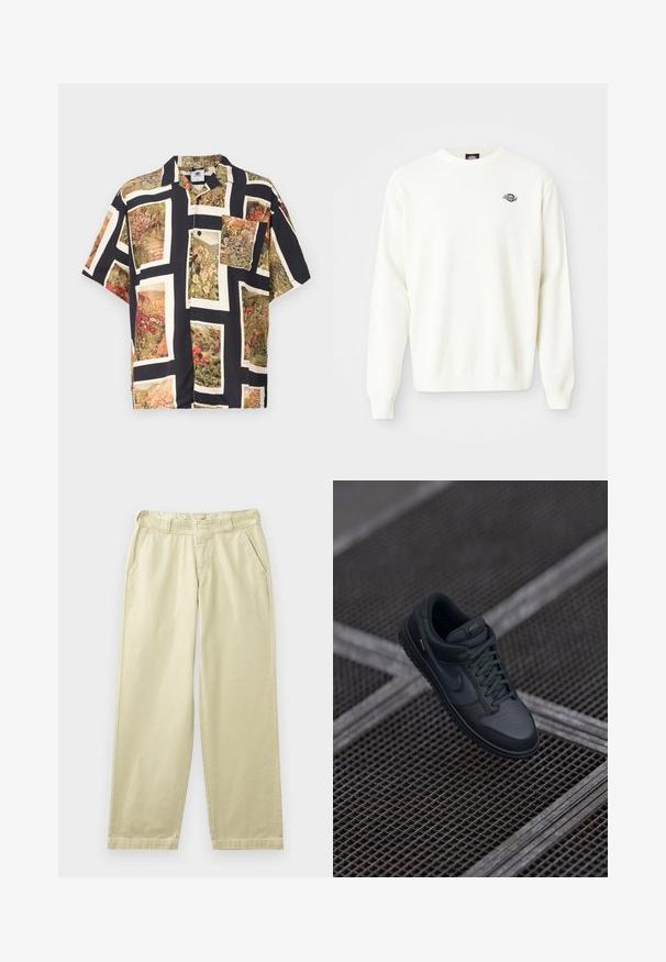Pull en maille blanc à manches longues avec col ras du cou et petit logo noir Dickies sur le haut à gauche de la poitrine.; Chemise à manches courtes avec boutons en noir ornée d'imprimés floraux vibrants dans des cadres rectangulaires. Fabriquée en tissu léger avec une coupe décontractée.; Pantalon en coton beige à coupe décontractée, avec poches latérales, passants pour ceinture et jambes droites. Texture lisse avec des détails de couture minimaux.; Baskets Nike en cuir noir avec un bout arrondi, un empeigne perforée et une semelle en caoutchouc texturée. Comprend des lacets et un branding subtil.