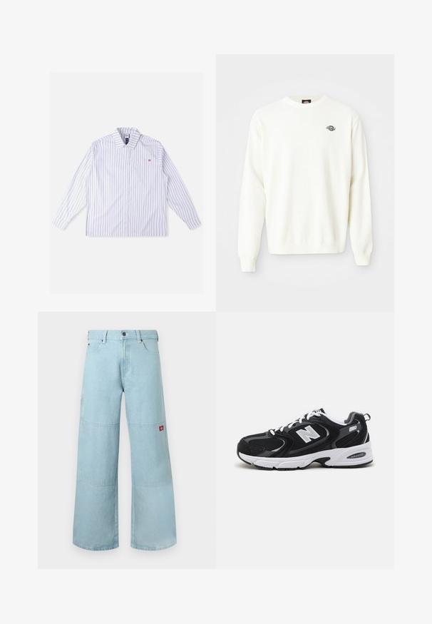 Suéter de punto blanco de manga larga con cuello redondo y pequeño logo negro de Dickies en la parte superior izquierda del pecho.; Camisa blanca de manga larga con rayas verticales azules, cierre de botones en la parte delantera, cuello, bolsillo en el pecho izquierdo y detalle de logo rojo. Tela suave y tejida.; Vaqueros de pierna ancha en azul claro de mezclilla con parches contrastantes. Presentan un cierre frontal con botones y un pequeño parche con logo en el bolsillo lateral.; Zapatillas deportivas en negro y gris con parte superior de malla y ante, que cuentan con una entresuela blanca, cordones y un llamativo logo "N" en el lateral.