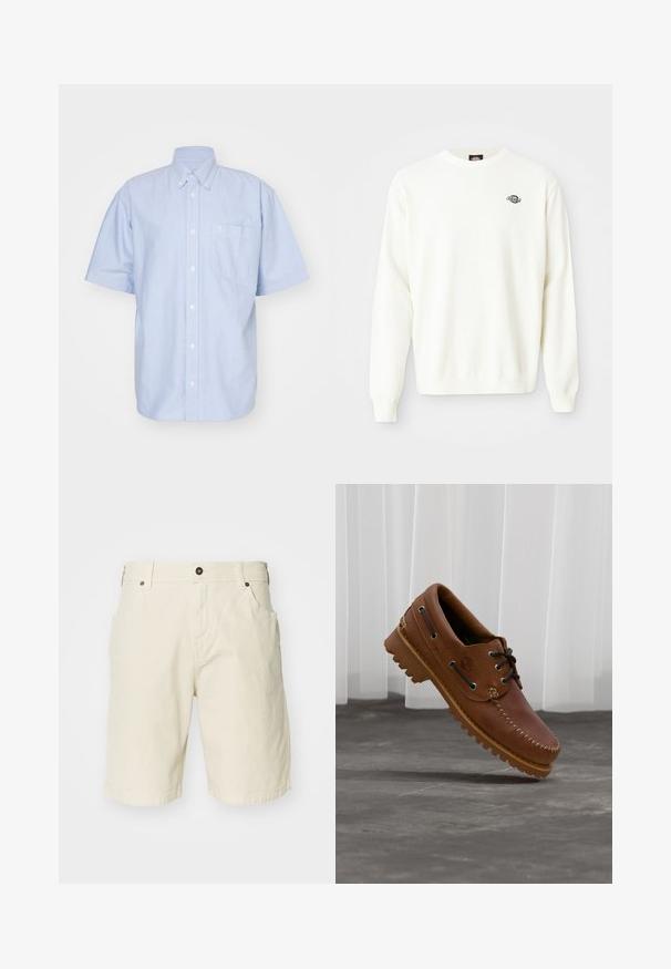 Pull en maille blanc à manches longues avec col ras du cou et petit logo noir Dickies sur le haut à gauche de la poitrine.; Chemise à manches courtes bleu clair en tissu coton. Dotée d'un col et d'une poche avant. Design simple et uni.; Shorts en coton beige à coupe droite, avec une fermeture éclair, des poches avant et un ourlet cousu. Texture lisse et design minimaliste.; Chaussure de bateau en cuir marron avec des lacets noirs, des coutures beiges et une semelle robuste, suspendue au-dessus d'un sol en béton gris.