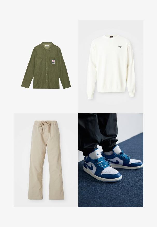 Pull en maille blanc à manches longues avec col ras du cou et petit logo noir Dickies sur le haut à gauche de la poitrine.; Chemise en velours côtelé vert olive à manches longues, fermeture boutonnée, deux poches poitrine, et un patch graphique de montagne sur la poche gauche.; Pantalons en coton beige avec une taille élastique et un cordon de serrage. Conception à jambe droite, texture lisse et sans motifs ni accents visibles.; Les baskets Nike Air Jordan présentent une base en cuir blanc avec des accents en synthétique bleu, une boîte à orteils perforée et des lacets bleus.