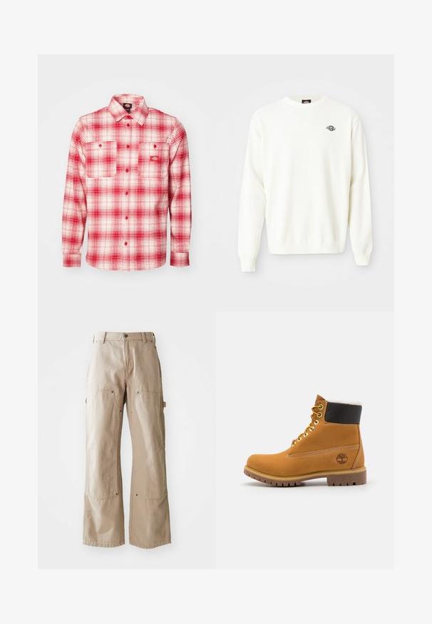 Valge pikade varrukatega kootud sviiter ümmarguse kaelusega ja väikese musta Dickies logo vasakul rinnal.; Punane ja valge ruuduline flanellist särk, millel on pikad varrukad, nööpidega ees, kaks rinnataskut ja sildiga vasakul. Pehme tekstuur.; Bežid laišid püksid, mis on valmistatud vastupidavast puuvillast kangast. Omab esi- ja külgtaskuid, nähtavat õmblust ning metallist detaile taskutel.; Pruun nahast pahkluu saabas metallist silmadega, valge karvane vooder, must pehmendatud krae, robustne tallal ja küljes reljeefne logo.