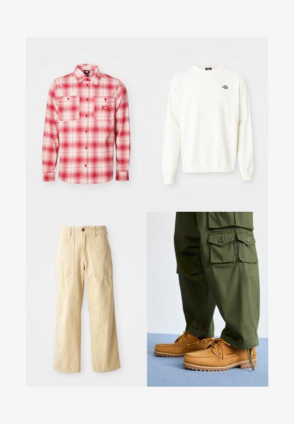 Biely pletený sveter s dlhým rukávom a okrúhlym výstrihom, na ľavej hornej strane hrude sa nachádza malé čierne logo Dickies.; Červená a biela károvaná flanelová košeľa s dlhými rukávmi, zapínanie na gombíky vpredu, dve náprsné vrecká a štítok na ľavej strane. Mäkká textura.; Bežové široké nohavice vyrobené z bavlny. Majú vysoký pás, dve predné vrecká s plochým dizajnom a jediné zapínanie na gombík.; Timberland AUTHENTIC 3 EYE - Jachtárska obuv - wheat