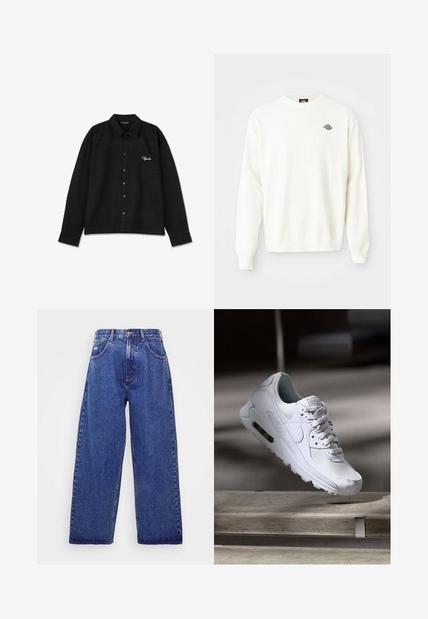Valge pikade varrukatega kootud sviiter ümmarguse kaelusega ja väikese musta Dickies logo vasakul rinnal.; Must beed pikk, long varrukat, kootud kangast, millel on krae, nööbid ees, üks rinna tasku ja valge tikand logoga taskul.; Laiad sinised denim püksid kõrge vöökohaga, viie tasku, nupukinnitusega ja õrna pleekimisega tekstuuri jaoks.; Valged Nike Air Max 90 sneakers, millel on võrkkangast ja nahast ülemine osa, aukudega varbadosa ning nähtav õhuüksus kandades.