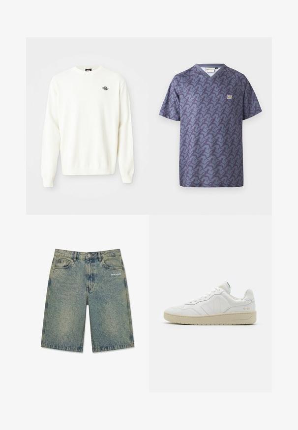 Witte lange mouw gebreide trui met ronde hals en klein zwart Dickies-logo op de bovenkant van de linkerborst.; Cleptomanicx RELAY - T-shirt print - nightshadow blue; Lichtblauwe denim shorts met een vervaagd effect, voorzakken, riemlussen, knoopsluiting en het "PEGADOR" logo op de rechter voorzak.; Witte leren sneakers met een gestructureerde afwerking en een gevoerde kraag. Voorzien van een beige rubberen zool en subtiele branding op de hiel en zijkant.