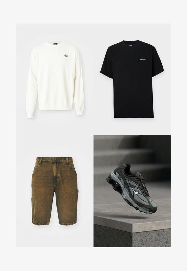 Weißer, langer Strickpullover mit Rundhalsausschnitt und kleinem schwarzen Dickies-Logo auf der linken oberen Brust.; Schwarzes Baumwoll-T-Shirt mit kurzen Ärmeln und rundem Halsausschnitt, mit einem kleinen weißen Logo auf der linken Brustseite.; Jeansshorts in einem verblassten Braunton mit einer leicht abgenutzten Oberfläche. Mit Gürtelschlaufen, Vordertaschen und einer seitlichen Cargo-Tasche.; Grauer und schwarzer Sportschuh mit Netzpaneelen und dicker Sohle, schwebend in der Luft über einer Betonmauer mit Treppen im Hintergrund.