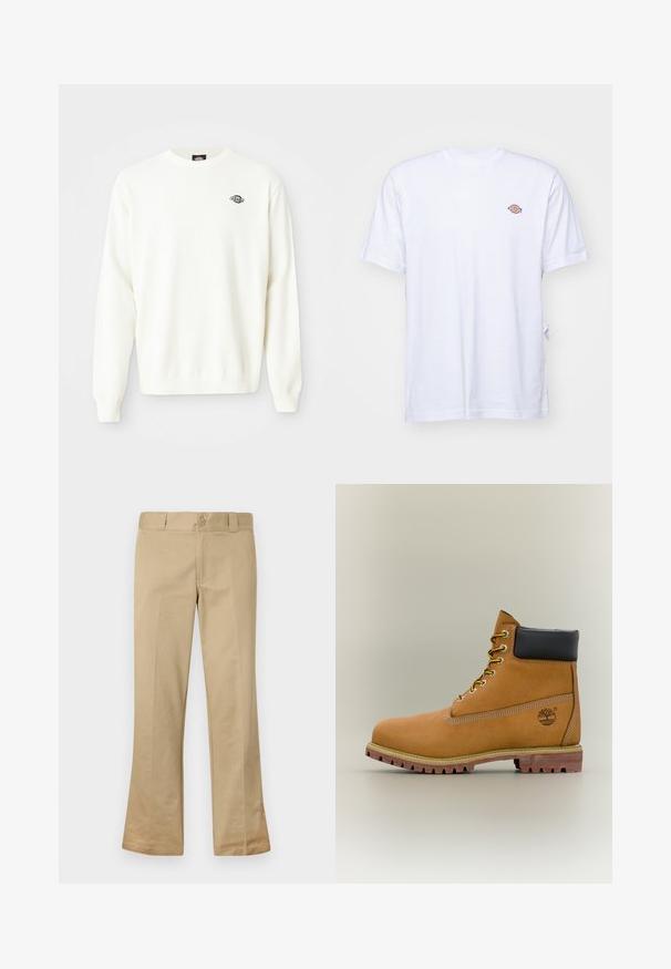 Valge pikade varrukatega kootud sviiter ümmarguse kaelusega ja väikese musta Dickies logo vasakul rinnal.; Valge puuvillane T-särk, millel on V-kaelus ja lühikesed varrukad. Ees vasakul rinnal on väike värvikas tikand. Pehme tekstuur.; Beige laienevad püksid, mis on valmistatud puuvilla segust, nööbiga kinnitusega, vöökohtadega ja sileda eesosaga.; Pruun nahast pahkluu saabas musta kraega, kollaste paelte ja beežide tallaga. Omab logo ja valge õmbluse detaile. Tugeva haardega välistald.