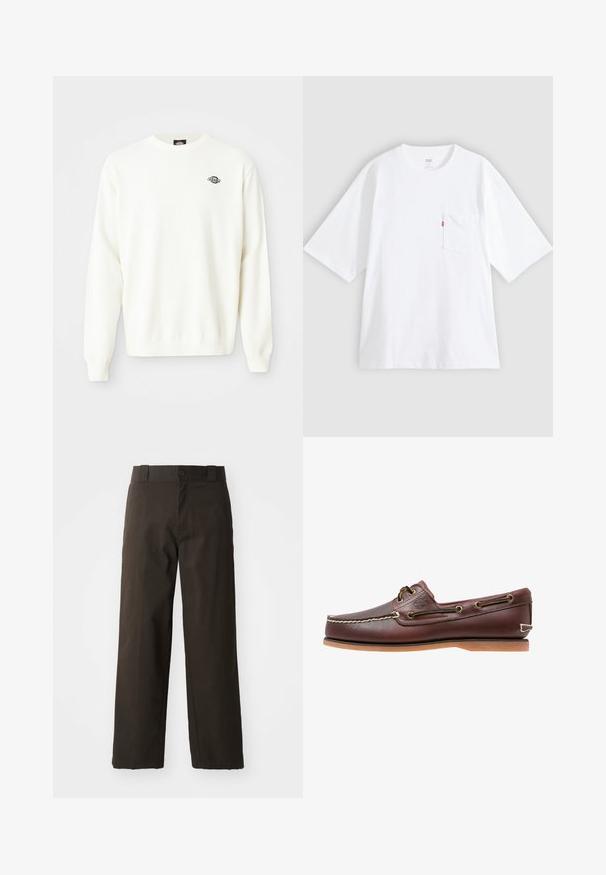 Biely pletený sveter s dlhým rukávom a okrúhlym výstrihom, na ľavej hornej strane hrude sa nachádza malé čierne logo Dickies.; Biele bavlnené tričko s krátkym rukávom, okrúhlym výstrihom a vreckom na ľavej strane hrudníka. Na vrecku je malá červená štítok s logom.; Čierne bavlnené nohavice s rovnými nohavicami, so zapínaním na gombík a klasickým pásom. Hladká štruktúra, bez vzorov alebo detailov.; Hnedá kožená lodná topánka s bielym prešívaním, detailmi na šnúrky a svetlohnedou gumovou podrážkou, zobrazená z boku na bielom pozadí.