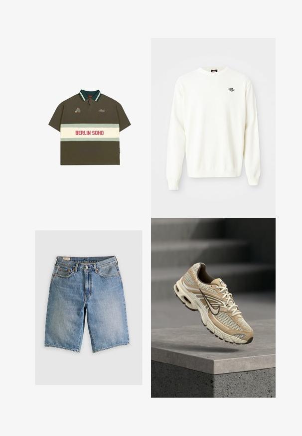 Biely pletený sveter s dlhým rukávom a okrúhlym výstrihom, na ľavej hornej strane hrude sa nachádza malé čierne logo Dickies.; Olivovo zelená polo košeľa s krátkymi rukávmi, pruhovaným golierom v zelenej a svetlomodej farbe, s bielym pruhom a nápisom "BERLIN SOHO" v červenej farbe.; Denimové šortky v svetlomodrej farbe s klasickým strihom. Obsahujú päť vreciek, oranžové švy a surové okraje.; Béžovo-biele bežecké topánky Nike s mesh panelmi a čiernym logo Swoosh, vznášajúce sa nad betónovým obrubníkom s rozmazanými schodmi v pozadí.