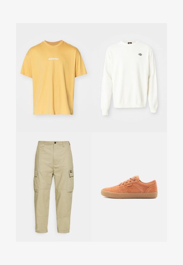 Hvid langærmet striktrøje med rund hals og lille sort Dickies-logo på den øverste venstre bryst.; Gul bomulds t-shirt med korte ærmer, rund halsudskæring, prydet med hvid "Dickies" logo på forsiden. Blød tekstur, afslappet pasform.; Beige cargo bukser lavet af slidstærkt stof, med to sidelommer, knaplukning og smalle ben med en glat overflade.; Tan ruskinds sneakers med en tekstureret overflade, rund tå og gummisål. Har snørebåndsdesign og syede detaljer på siderne.