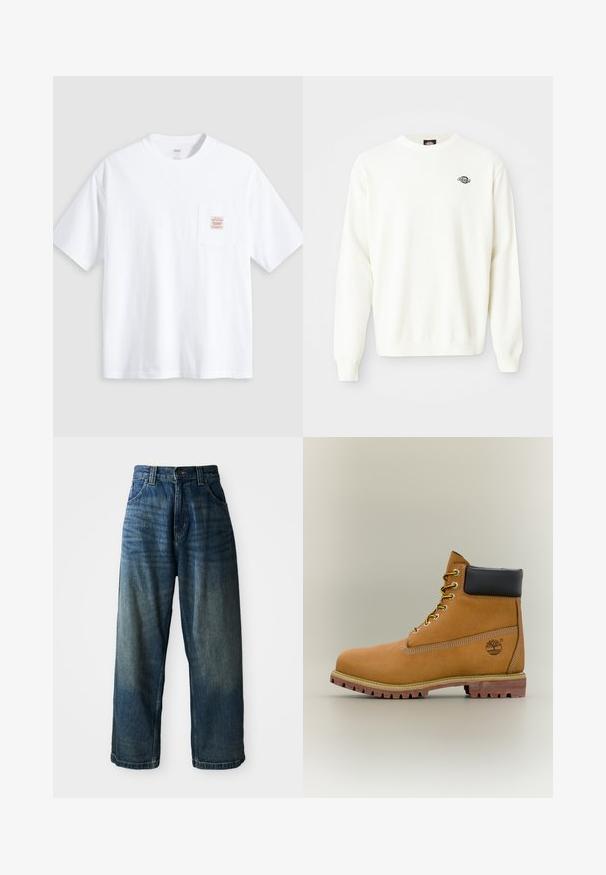 Hvid langærmet striktrøje med rund hals og lille sort Dickies-logo på den øverste venstre bryst.; Hvid T-shirt med korte ærmer og rund hals med en lille lomme på brystet med en beige og rød rektangulær label.; Bredde ben blå denimjeans med en falmet finish. Har fem lommer, knaplukning og kontrasterende syninger. Tyk stof.; Brun læderankelstøvle med sort krave, gule snørebånd og tanfarvet sål. Har logo og hvide syninger som detalje. Robust ydersål med greb.