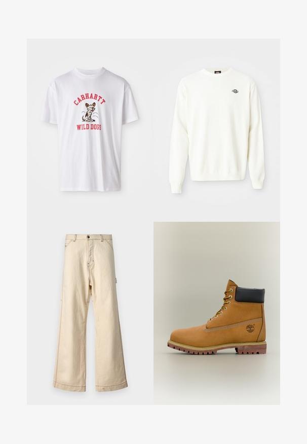 Hvid langærmet striktrøje med rund hals og lille sort Dickies-logo på den øverste venstre bryst.; Hvid bomulds t-shirt med røde broderede tekst "CARHARTT WILD DOGS" og en tegneseriehund grafik foran. Korte ærmer, rund halsudskæring.; Beige vide bukser lavet af bomuld med lynlås- og knaplukning, fremhævet af kontrasterende syning og sidelommer.; Brun læderankelstøvle med sort krave, gule snørebånd og tanfarvet sål. Har logo og hvide syninger som detalje. Robust ydersål med greb.