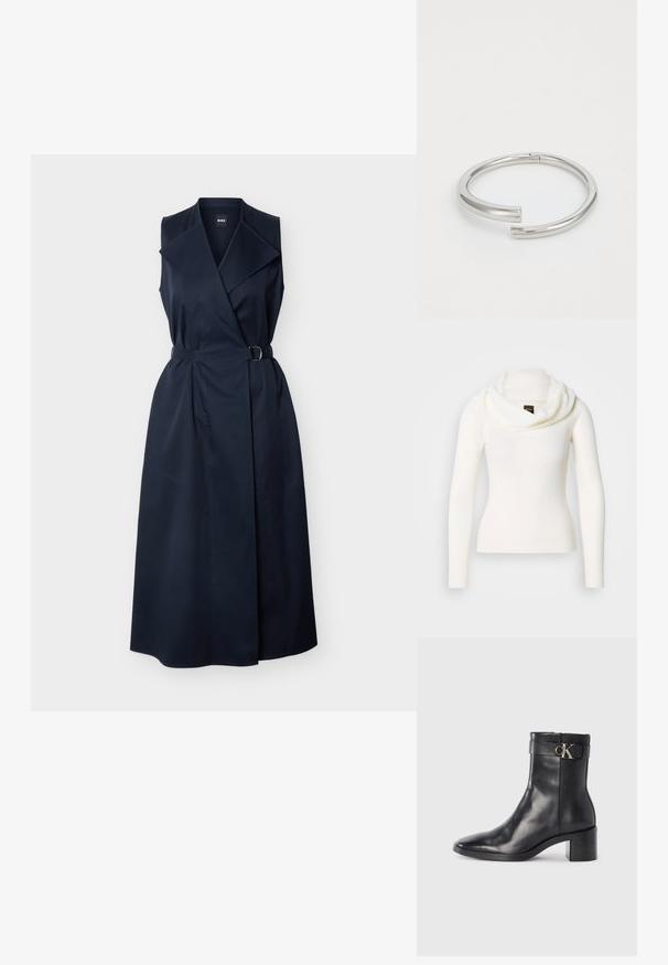 Pull blanc à manches longues avec un col bénitier. Confectionné dans un tissu doux et texturé. Présente une silhouette ajustée pour un look élégant.; Robe portefeuille sans manches bleu marine avec col à revers large et taille ceinturée, longueur aux genoux, en tissu lisse.; Botte de cheville en cuir noir avec un bout pointu, un talon carré et une sangle avec un détail de logo métallique. Texture lisse et design minimaliste.; Calvin Klein SPIRAL - Bracelet - silver-coloured