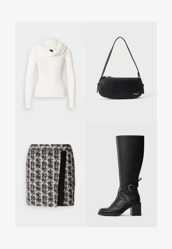 Hvid langærmet sweater med en rullekrave. Fremstillet af et blødt, tekstureret stof. Har en figursyet silhuet for et elegant udseende.; Sort og hvid houndstooth nederdel med elastisk talje, der har et sort stofpanel på siden. Kortskaft, tekstureret stof.; Sort læder støvle til midt på læggen med blokhæl og dekorativ strop med sølvfarvet spænde på en enkel lys baggrund.; Sort skuldertaske i læder med buet klap, guld "HUGO" logo på forsiden og enkelt justerbar strop.