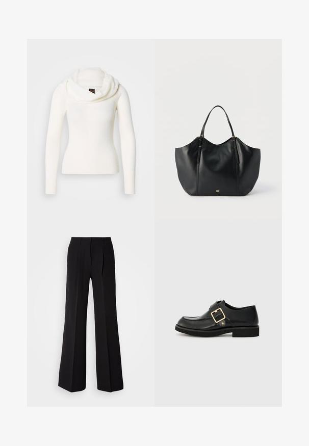Hvid langærmet sweater med en rullekrave. Fremstillet af et blødt, tekstureret stof. Har en figursyet silhuet for et elegant udseende.; Sorte bukser lavet af glat stof, med høj talje, bred ben silhuet og to frontfolder for ekstra design detaljer.; Sort lædersko med rund tå, udstyret med en guldbuckle og en flad gummisål. Glat tekstur med diskrete syningsdetaljer.; Sort lædertaske med to skulderremme og et lille guldlogo i bunden midt på, vist mod en ensfarvet baggrund.