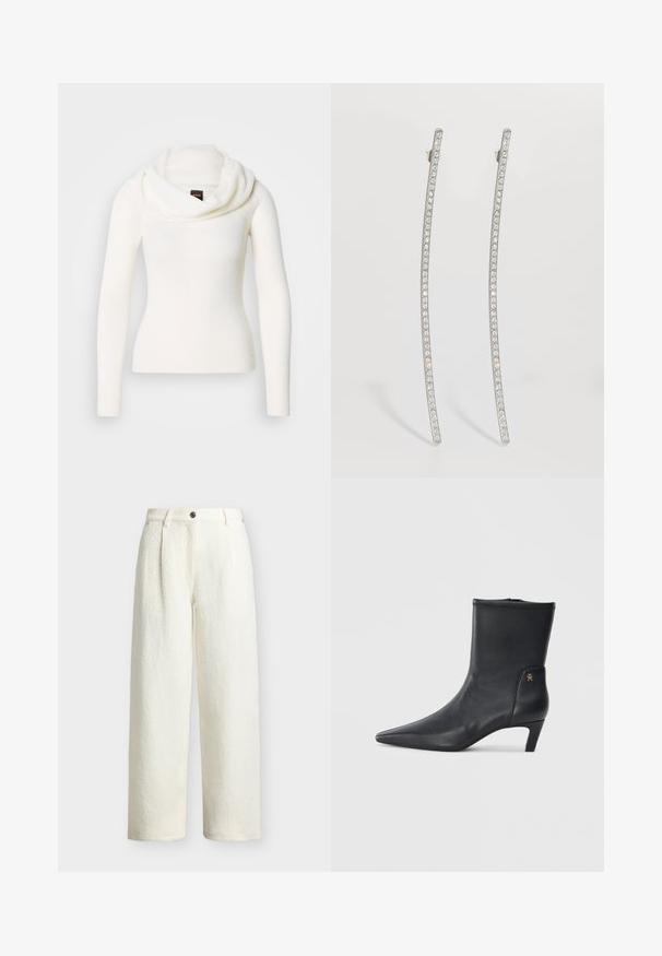 Pull blanc à manches longues avec un col bénitier. Confectionné dans un tissu doux et texturé. Présente une silhouette ajustée pour un look élégant.; Pantalon large taille haute couleur crème en tissu texturé, fermeture devant par boutons, passants de ceinture et poches latérales.; Bottines en cuir noir avec un bout pointu et un petit talon. Présentent une texture lisse et un petit détail en logo doré sur le côté.; Boucles d'oreilles allongées en ton argenté avec un design incurvé, ornées d'une rangée de cristal clair le long des bords extérieurs pour plus d'éclat.