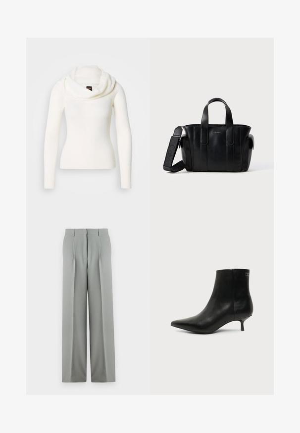 Weißer Pullover mit langen Ärmeln und einem Rollkragen. Hergestellt aus einem weichen, strukturierten Stoff. Verfügt über eine figurbetonte Silhouette für einen eleganten Look.; Helle graue weite Hosen aus glattem Stoff, mit hoher Taille, gefaltetem Vorderteil und zwei Gesäßtaschen mit Gürtelschlaufen.; Schwarzer Leder-Knöchel-Stiefel mit spitzer Spitze und niedrigem Kittenabsatz vor hellem Hintergrund, seitliche Ansicht.; Schwarze Leder-Umhängetasche mit doppelten oberen Griffen und verstellbarem Schultergurt. Merkmale senkrechte Nähte und ein minimalistisches Design. Auffälliges Logo-Detail.