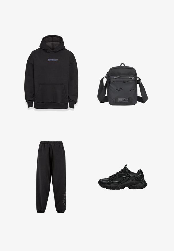 Zwarte hoodie gemaakt van een katoenmix. Heeft een voorkuipzak en een logo in blauw en rood. Geribbelde mouwen en zoom.; Zwarte sweatpants van zacht materiaal met een elastische tailleband. Tapered enkels en bedrukte tekstdetails aan één zijde. Casual, relaxte pasvorm.; Zwarte sportschoen met mesh en synthetische bovenkant, dikke gewatteerde zool en vetersluiting, zijaanzicht op een witte achtergrond.; Zwarte schoudertas van duurzaam materiaal, met een getextureerd voorpaneel met reliëf logo's, een verstelbare schouderband en ritsvakken.
