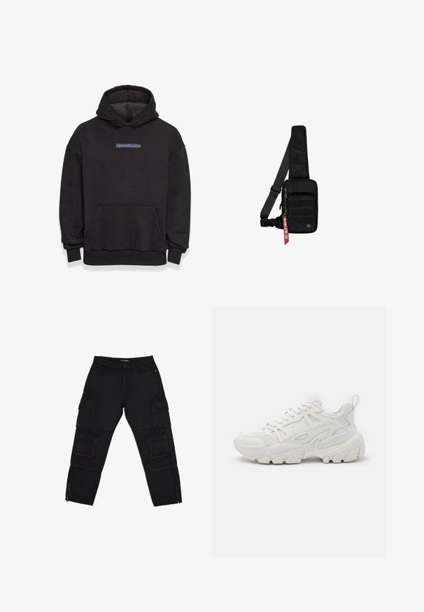 Sweatshirt à capuche noir en tissu en mélange de coton. Il comporte une poche frontale et un logo en bleu et rouge. Poignets et ourlet côtelés.; Pantalons cargo noirs en tissu durable, dotés de plusieurs poches cargo, de chevilles zippées et de jambes droites avec des détails de couture subtils.; Des baskets de sport blanches avec une tige texturée, des panneaux en maille, une semelle en caoutchouc proéminente et des découpes décoratives sur les côtés.; Sac bandoulière noir en tissu texturé. Comprend un compartiment principal à fermeture éclair, une poche avant avec sangle, une bandoulière réglable et une étiquette décorative.