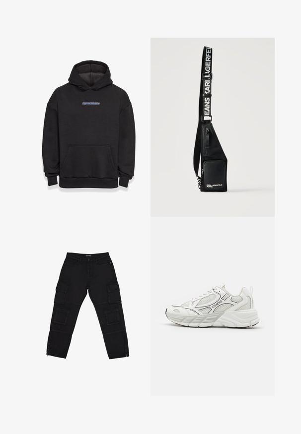 Sort hætte sweatshirt lavet af en blanding af bomuldsstof. Har en frontlomme og et logo i blå og rød. Ribbekanter ved håndleddene og kanten.; Sorte cargo-bukser lavet af slidstærkt stof, med flere cargo-lommer, lynlåse ved anklerne og lige ben med diskrete stikninger.; Hvide sportssko med mesh-paneler, teksturerede overlays, sorte accenter og en tyk sål. Indeholder mærkenavnet "ICEBERG" og året "1974."; Sort crossbody taske med lynlåslomme foran og justerbar rem med teksten "KARL LAGERFELD JEANS" i hvide bogstaver.