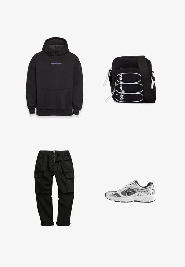 Sort hætte sweatshirt lavet af en blanding af bomuldsstof. Har en frontlomme og et logo i blå og rød. Ribbekanter ved håndleddene og kanten.; Sorte cargo-bukser lavet af bomuldsblanding. Funktioner inkluderer flere lommer, elastisk talje og en let indsnævret ben-design.; Hvid og sort atletisk løbesko med snørelukning og mesh paneler for åndbarhed, vist fra siden på en hvid baggrund.; Sort skuldertaske med hvide elastiske løkker, lynlåstræk og hvid "KARL LAGERFELD JEANS" tekst på frontlommen.