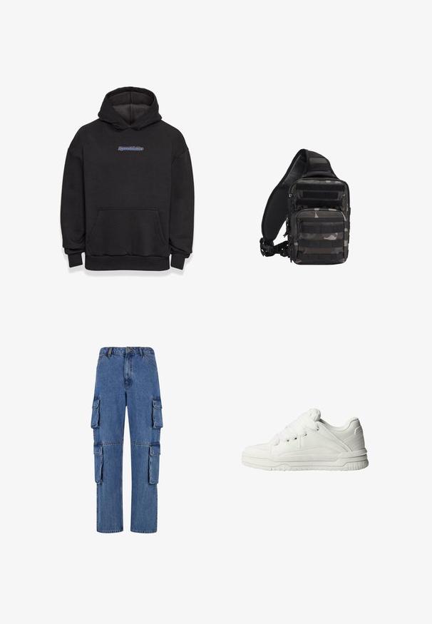Schwarzer Kapuzenpullover aus einem Baumwollmischgewebe. Verfügt über eine vordere Tasche und ein Logo in Blau und Rot. Gerippte Bündchen und Saum.; Blaue Denim-Cargo-Hosen mit weitem Bein, vier großen seitlichen Taschen und kontrastierenden Nähten. Die Textur ist glatt mit einer verwaschenen Optik.; Weiße Sneaker mit glattem Lederobermaterial, gepolstertem Zungenbereich, flachen Schnürsenkeln und strukturierten Akzenten an den Seiten und der Ferse.; Kompakte schwarze und graue Camouflage-Taktik-Slingtasche mit mehreren Reißverschlussfächern und verstellbarem, gepolstertem Schultergurt.