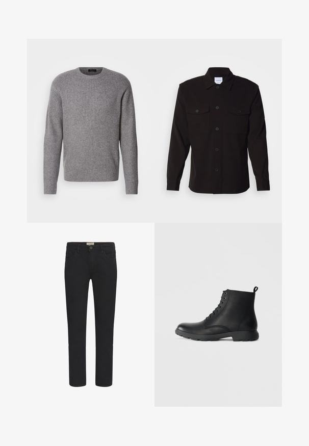Grå ribbet sweater lavet af blødt stof, med en rund halsudskæring og lange ærmer, samt en ensartet tekstur hele vejen igennem.; Sort skjorte med lange ærmer, knaplukning foran, to brystlommer og en struktureret krave. Fremstillet af et ensartet stof med en glat tekstur.; Sorte denimjeans med lige pasform, fem-lomme design og knaplukning foran. Glat tekstur med subtile syninger.; Sorte læder ankelstøvler med rund tå, snørebåndsdesign og teksturerede detaljer. Gummisål med lav profil og bageste løftestrop.