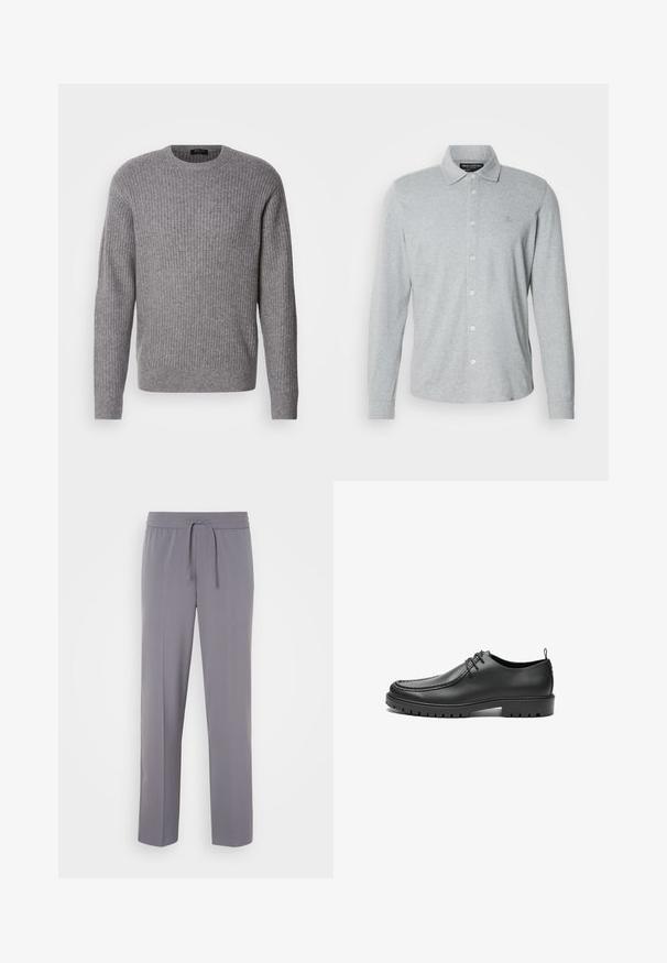 Grå ribbet sweater lavet af blødt stof, med en rund halsudskæring og lange ærmer, samt en ensartet tekstur hele vejen igennem.; Langærmet grå poloshirt lavet af blød bomuld, med knaplukning foran, spidst krave og diskret logo på brystet.; Grå, strækbare bukser med flad front, elastisk linning og snor, med lige ben og en glat tekstur.; Sorte lædersko med en glat overflade, rund tå og dekorativ stikning. Har en gummisål med skridsikre spor og snørebåndsdesign.