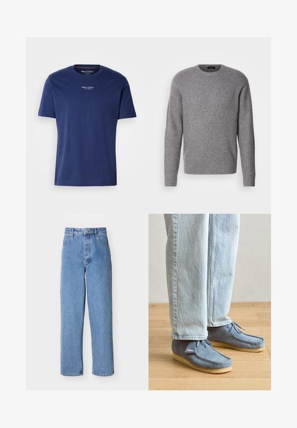 Grijze geribbelde trui gemaakt van zachte stof, met een ronde halslijn en lange mouwen, met een consistente textuur door de hele trui.; Donkerblauwe katoenen T-shirt met korte mouwen, ronde halslijn en een klein wit logo op de borst. Gladde textuur en een relaxte pasvorm.; Lichtblauwe spijkerbroek met rechte pijpen en hoge taille, voorzien van steekzakken aan de voorkant, knoopsluiting en riemlussen, afgebeeld op een witte achtergrond.; Blauwe suède mocassinschoenen met een lichtbruine rubberen zool, voorzien van strikveters en een klein label aan de zijkant, gecombineerd met lichtblauwe spijkerbroeken.
