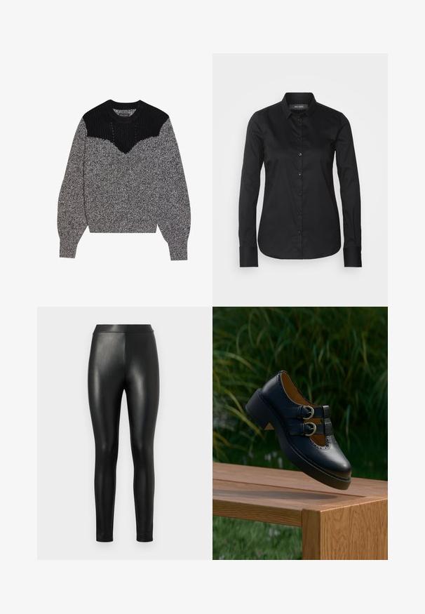 Strikket sweater i sort og grå. Har en tekstureret sort yoke og et v-formet design. Lange ærmer med ribbede manchetter; blød, chunky tekstur.; Mos Mosh TILDA SHIRT - Skjortebluser - black; Sorte faux læder leggings med en glat tekstur, høj talje og tætsiddende pasform, designet til en strømlinet silhuet.; Sort læder sko med dobbelt spænde og perforerede detaljer, der svæver over en træbænk udendørs med grøn græs og planter i baggrunden.