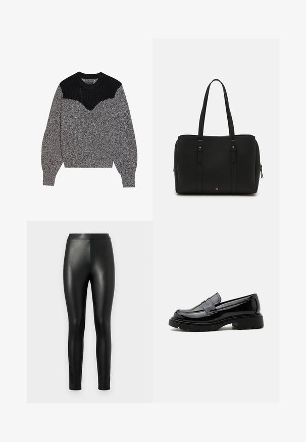 Strikket sweater i sort og grå. Har en tekstureret sort yoke og et v-formet design. Lange ærmer med ribbede manchetter; blød, chunky tekstur.; Sorte faux læder leggings med en glat tekstur, høj talje og tætsiddende pasform, designet til en strømlinet silhuet.; Sort skinnende læderloafer med kraftig sål og pennyrem, vist i sideprofil på en ensfarvet hvid baggrund.; Sort tote bag lavet af tekstureret læder, med to lange håndtag, lynlås lukning og diskrete guldfarvede detaljer på hardware.