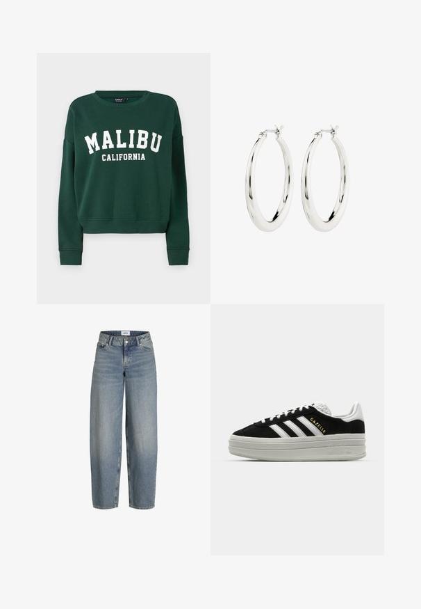 ONLY ONLSWEAT - Sweatshirt - pine grove; Lyseblå, løstsiddende jeans med høj talje, lavet af denimstof. Har fem lommer og en traditionel lukning med knap og lynlås.; Sort ruskind sneaker med hvide læderdetaljer, tre hvide striber, flade snørebånd og en tyk grå platformsål. Guldfarvet "Gazelle" branding.; Sølvøreringe i form af hoops med en glat, blank finish. Cirkulær form, der har en sikker lås. Simpelt og elegant design.
