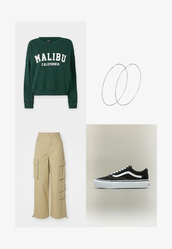 ONLY ONLSWEAT - Sudadera - pine grove; Pantalones cargo beige con piernas anchas, dos bolsillos laterales grandes, bolsillos frontales y un detalle de cordón en el dobladillo. Tejido de mezcla de algodón.; Zapatilla deportiva negra de corte bajo con raya lateral blanca, cordones blancos, suela de goma blanca y puntera texturizada sobre fondo neutro.; Pendientes de aro plateados con un diseño minimalista. Forma circular, textura suave y perfil delgado. Livianos con un acabado pulido.