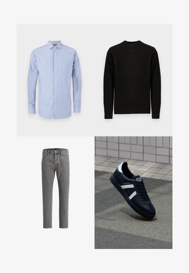 Pull noir à côtes avec manches longues et col rond, présenté à plat sur un fond blanc uni.; Chemise à rayures bleues et blanches, à boutonnage avec col, manches longues et ourlet droit. Tissu doux et coupe classique.; Jean en denim gris avec une coupe droite, design à cinq poches et fermeture à bouton en métal. Le tissu a une finition douce et texturée.; Sneaker en cuir noir avec des rayures blanches, semelle en caoutchouc texturée et devant à lacets. Présente une étiquette de marque sur la languette.