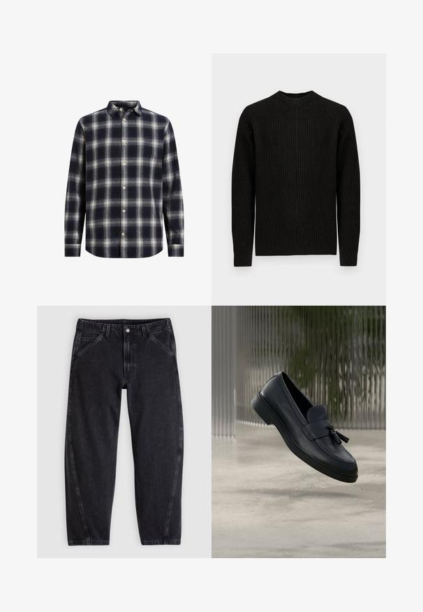 Sort ribbet langærmet sweater med rund hals, vist fladt mod en ensfarvet hvid baggrund.; Marineblå og cremeplaid flannel skjorte med knapkrave, lange ærmer og beige knapper; har en blød tekstur og en struktureret form.; Sorte denimjeans med løs pasform, der har en standard-taljebånd, femlomme-design og kontrastsyning langs sømmene.; Sorte læderloafers med en glat tekstur, en rundet tå og dekorative kvaster foran. Fleksibel gummisål med lav hæl.