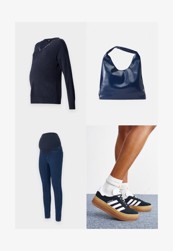 Mørkeblå strikket graviditetsbluse med v-hals og blonde detaljer ved kraven. Lange ærmer og en løs pasform for komfort.; Graviditetsjeans i mørkeblå denim, med en strækbar mørk talje og en tætsiddende pasform med lommer.; Ben iført hvide sokker og sorte Adidas Gazelle sneakers med hvide striber og tykke brune såler på et gråt tæppe.; Marineblå kunstlæder skuldertaske med en blød, blank overflade, rund form og et enkelt, bredt håndtag for nem bæring.