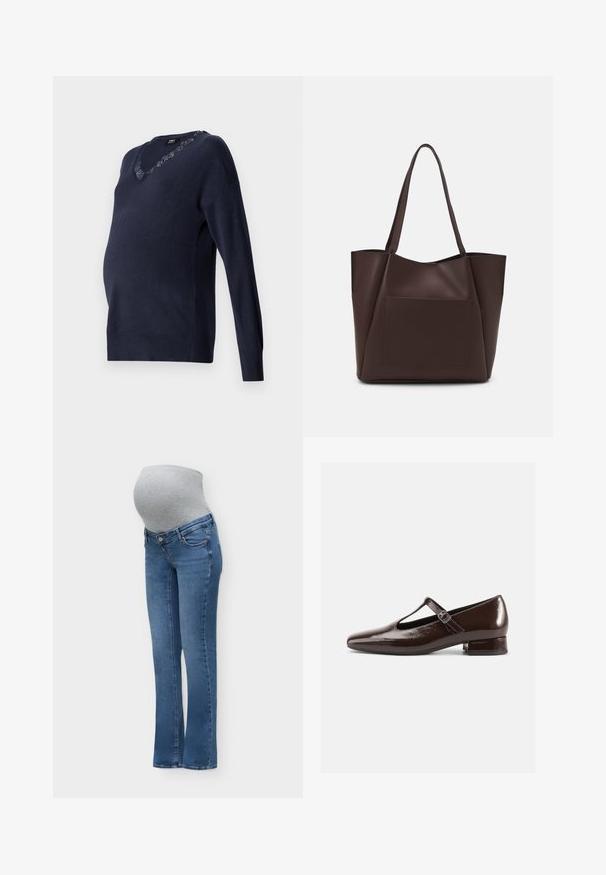 Pull en maille de maternité bleu marine avec un col en V et des détails en dentelle au niveau du col. Manches longues et coupe décontractée pour le confort.; Jean de maternité bleu avec un panneau ventral extensible gris conçu pour s'adapter sur un ventre de femme enceinte pour le confort et le soutien.; Chaussures Mary Jane en cuir verni marron avec un bout arrondi, un design ajouré et une bride réglable. Talon bas bloc.; Sac fourre-tout brun en matériau lisse, avec une grande poche avant, deux poignées et un design structuré simplifié.