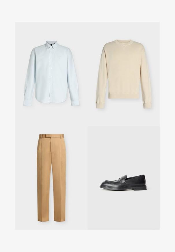 Pull crème à manches longues avec col rond, poignets et ourlet côtelés, présenté sur un fond uni gris clair.; Chemise bleu clair à manches longues, à boutons, avec col boutonné et logo discret sur la poitrine gauche.; Pantalon beige droit avec passants de ceinture, plis devant et fermeture éclair.; Mocassins en cuir noir avec une finition texturée, dotés d'une bride décorative à l'avant et d'un bout arrondi. Semelle en caoutchouc pour plus de durabilité.