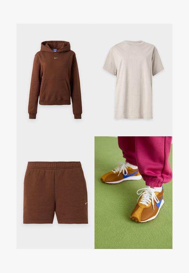 Brun Nike hættetrøje med kængurulomme, lille hvid Swoosh-logo på brystet, lange ærmer og hætte mod en ensfarvet baggrund.; Lyse beige kortærmet bomulds t-shirt med et lille hvidt Nike Swoosh-logo centreret under halsudskæringen.; Brune atletikshorts med elastisk talje og lille hvid Nike swoosh-logo på højre ben mod en ensartet hvid baggrund.; Brune og blå sneakers med en blanding af mesh og ruskindsmaterialer, prydet med hvide snørebånd og en tekstureret brun sål, placeret på grønne gulve.