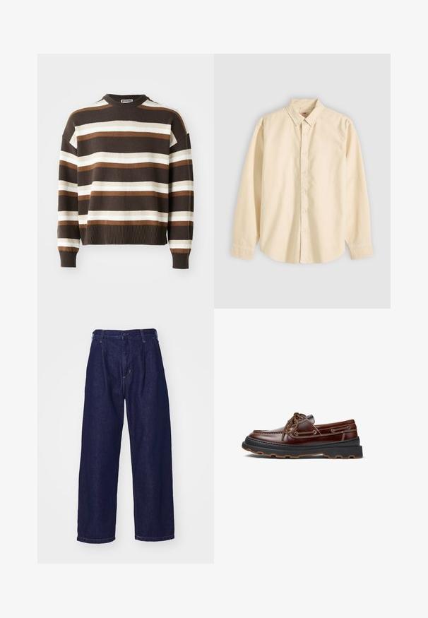 Brun og creme stribet sweater med rund halsudskæring, ribbede mansjetter og kant, der har en afslappet pasform og blød tekstur.; Langærmet beige skjorte med knapper og krave, lagt fladt med knapperne lukket og manchetterne knappede på en lys baggrund.; Mørkeblå denimjeans, vid benstil, højt liv, med knappelukning og klassisk fem-lomme design. Glat tekstur, diskret syning.; Brune læder bådsko med snørebånd og dekorativ syning, udstyret med en tekstureret sort og brun sål til udendørs brug.