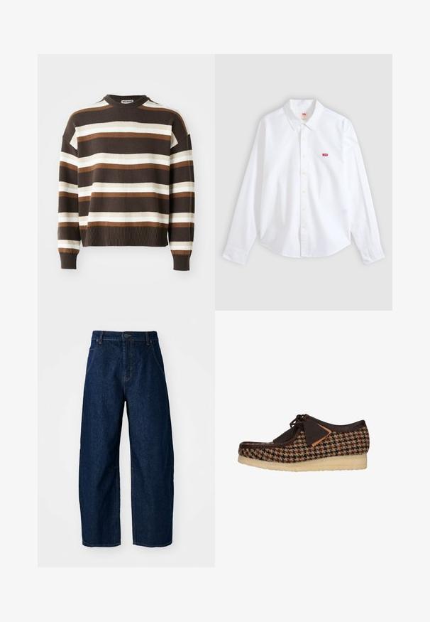 Pull rayé marron et crème avec un col rond, des poignets et un ourlet côtelés, offrant une coupe décontractée et une texture douce.; Chemise blanche à manches longues, boutonnée, avec col et petit logo rouge Levi's sur le côté gauche de la poitrine sur un fond neutre.; Jean en denim foncé à jambes larges et taille haute, avec cinq poches, fermeture à l'avant par bouton et détails de couture visibles.; Chaussure en textile marron avec un motif pied-de-poule, des détails en cuir et un laçage. Semelle épaisse et texturée offrant soutien et stabilité.