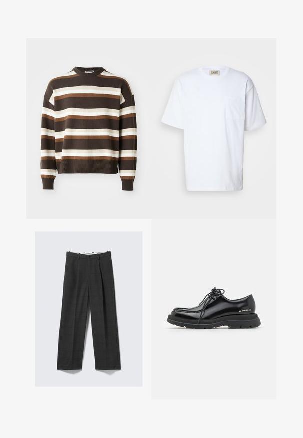 Brun og creme stribet sweater med rund halsudskæring, ribbede mansjetter og kant, der har en afslappet pasform og blød tekstur.; Hvid kortærmet t-shirt lavet af bomuld. Indeholder en brystlomme og subtil syning på lommen. Rund halsudskæring.; Løse, mørkegrå bukser med ternet mønster, lavet af struktureret stof. Har en knaplukning og to sidelommer.; Sorte læder dressko med rund tå, tyk gummisål, snørebåndsdesign og markant syning langs kanten.