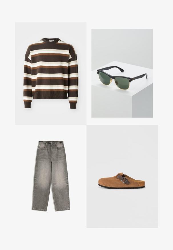 Brun og creme stribet sweater med rund halsudskæring, ribbede mansjetter og kant, der har en afslappet pasform og blød tekstur.; Grå denimjeans med vide ben, frontknap, lynlåslukning, bæltestropper og fem-lomme design lagt fladt på en hvid baggrund.; Brune ruskindsklogs med en justerbar brun læderrem og sølv spænde, der har en formet korkfodbed og en tekstureret gummi sål.; Ray-Ban solbriller med grønne linser, sorte plastikstel og gyldne detaljer ved kanterne. Firkantet form med mat finish.