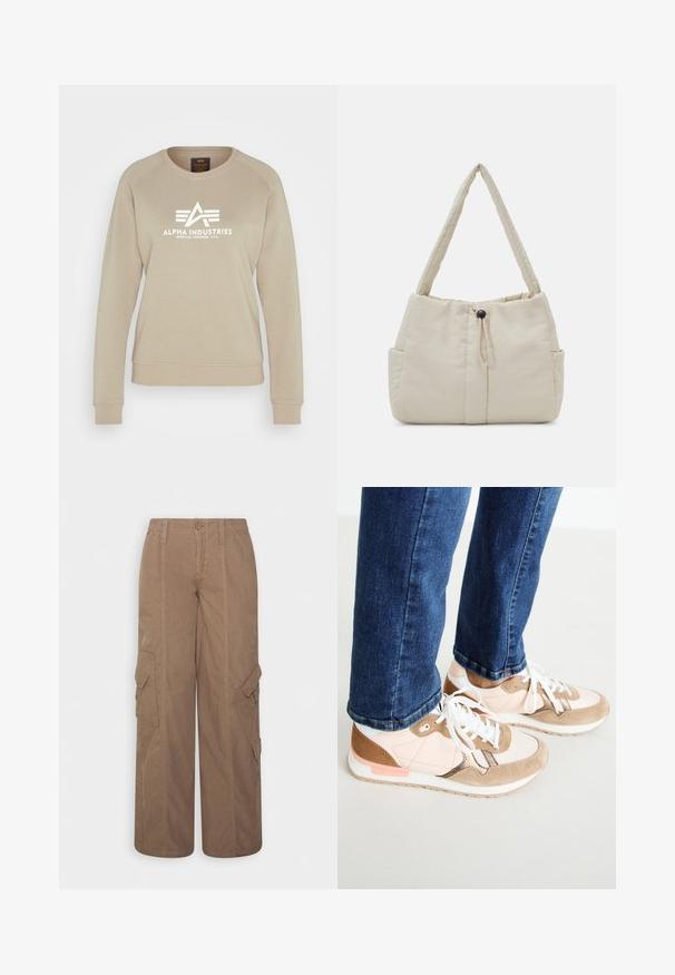 Alpha Industries NEW - Sudadera - vintage sand; BDG Urban Outfitters SUMMER - Pantalones cargo - chocolate; Zapatillas con una mezcla de piel en color rosa empolvado y ante beige, con cordones blancos, una entresuela blanca y una suela de goma texturizada. Jeans de mezclilla ligeramente recortados por encima del zapato.; Even&Odd by Zalando Bolso de mano - off-white