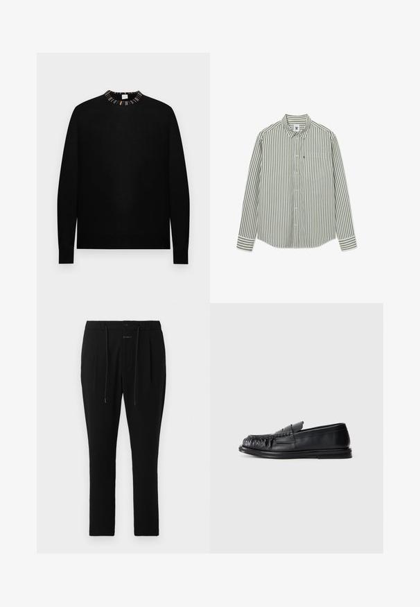 Sort langærmet rundhalset sweater med flerfarvet stribet krave på en ensfarvet baggrund.; Langærmet skjorte med knaplukning i hvid og oliven vertikale striber og en frontlomme på en hvid baggrund.; CLOSED VIGO TAPERED - Chino - dark night; Sort læderloafer med en rund, rynket tå og en flad sål på en ensfarvet hvid baggrund.