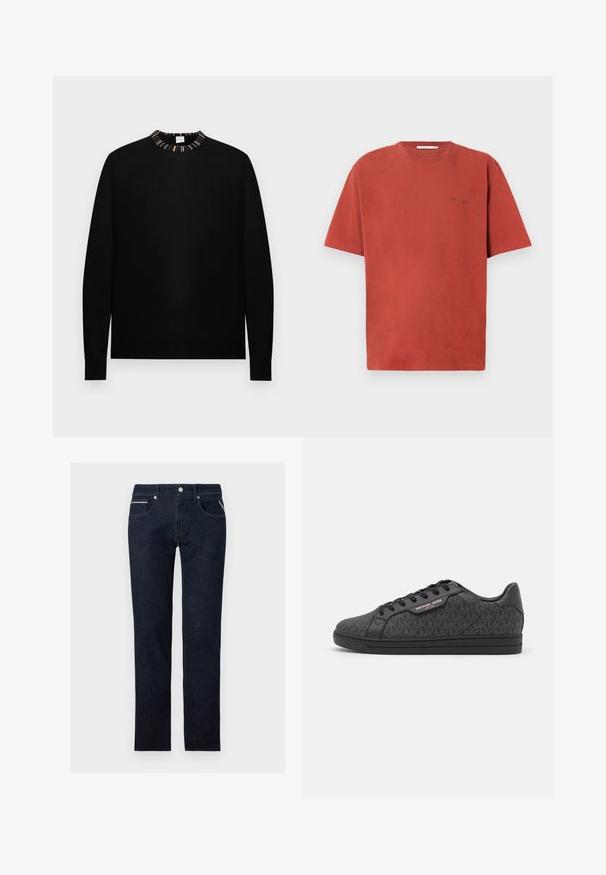 Pull noir à manches longues avec col rond et détail de col rayé multicolore sur fond uni.; T-shirt en coton rouge à manches courtes, col rond, avec un petit logo noir imprimé sur la poitrine gauche. Texture lisse, coupe décontractée.; Jean droit en denim bleu foncé avec bouton devant, braguette zippée, deux poches avant et passants pour ceinture sur un fond clair uni.; Baskets noires dotées d'un dessus en tissu texturé avec un motif MK subtil, des accents en cuir noir et une semelle en caoutchouc noire.