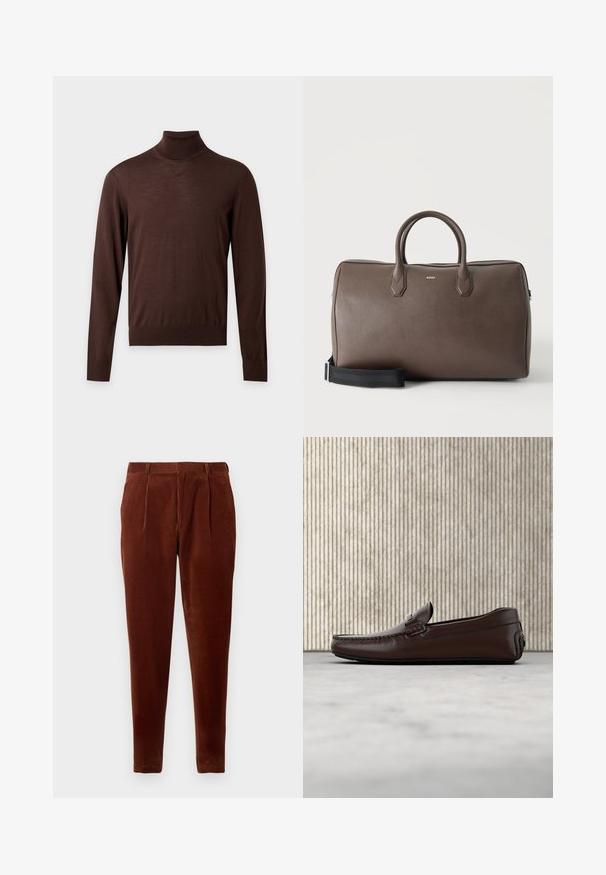 Jersey marrón de manga larga con cuello alto, puños, bajo y cuello acanalados, mostrado sobre un fondo claro y liso.; Pantalones de pana marrones con corte recto, que presentan pliegues frontales, dos bolsillos laterales y una textura suave. Adecuados para uso casual.; Mocasines de cuero marrón con un acabado suave, costura al estilo mocasín, puntera elevada y una suela de goma baja y flexible.; Bolsa de lona marrón de cuero con dos asas, una correa de hombro negra ajustable y un pequeño logo "BOSS" en el centro frontal.