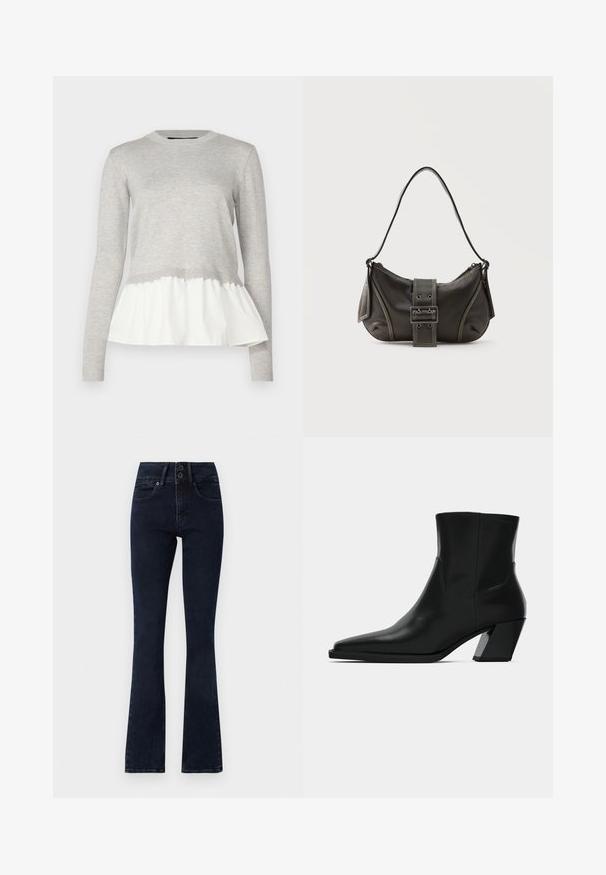 Haut à manches longues gris avec un haut en tricot texturé et un bas en peplum blanc superposé et doux. Encolure et poignets côtelés.; Jean évasé bleu foncé à taille haute, fermeture à deux boutons, cinq poches et texture denim lisse.; Bottine en cuir noir avec un bout pointu, une silhouette élégante et un talon carré massif. Texture lisse avec des détails de couture minimalistes.; Sac à épaule en cuir noir avec une sangle à boucle, des bords arrondis et des coutures blanches contrastées sur un fond uni.