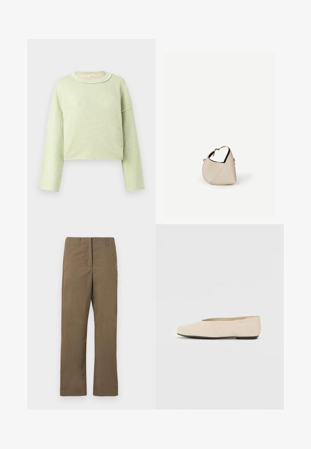 Lysegrøn cropped sweatshirt med lange ærmer, rå kantdetaljer og rund halsudskæring på en ensfarvet baggrund.; Brune lige ben bukser lavet af blandingsbomuldsstof. Har bæltesløjfer, en forlommeslids og en glat overflade uden mønstre.; Beige ruskind ballerina med rund tå, flad sål og minimalistisk design. Glat tekstur uden synligt hardware eller udsmykninger.; Beige læder håndtaske i halvmåneform med en enkelt skulderrem og minimal syning, sat mod en ensartet hvid baggrund.