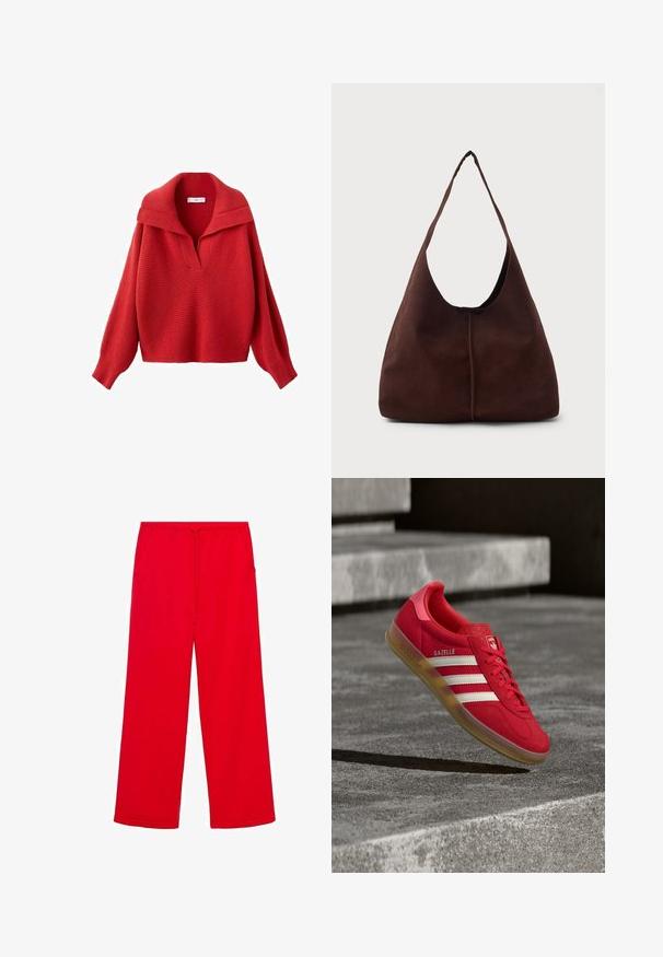 Rød strikket sweater med bred krave og dyb V-hals. Har faldede skuldersømme, lange ærmer og tekstureret stof. Kort længde.; Røde, vide sweatpants lavet af blødt stof, med elastisk talje og snøre, samt to sidelommer for bekvemmelighed.; Rød ruskinds-sneaker med hvide striber, flad gummisål og tekstureret hæl. Har "Gazelle"-mærkning på siden og rundet tådesign.; Brun suedette hobo taske med en stor, buet åbning og en bred skulderrem. Har en centreret søm på forsiden. Glat tekstur.